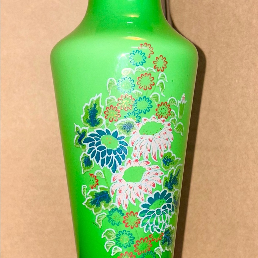 Vintage & Vibrant Green Cased Glass Floral Hand painted BudVase